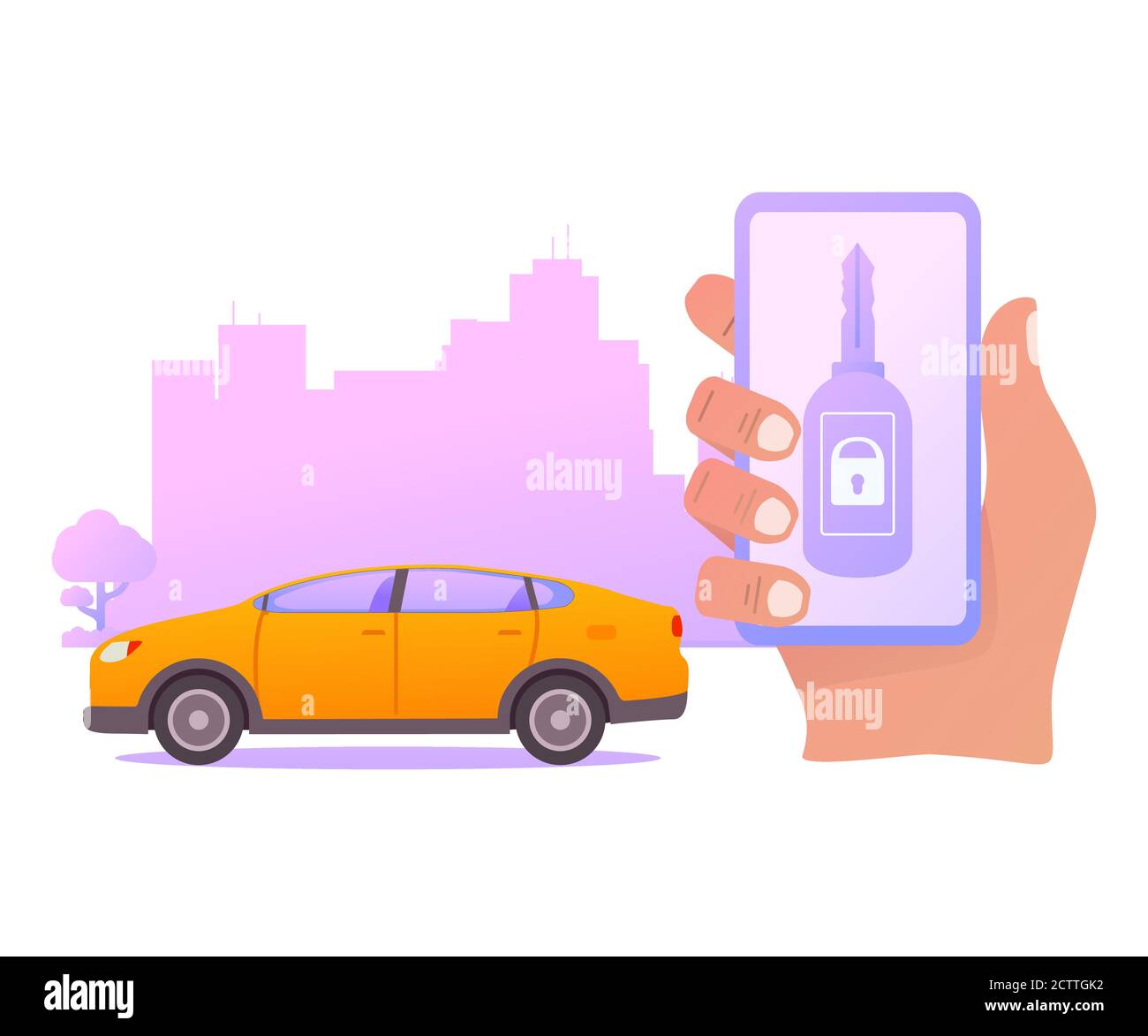 Smart car key security .The smartphone controls wireless auto. Stock Vector