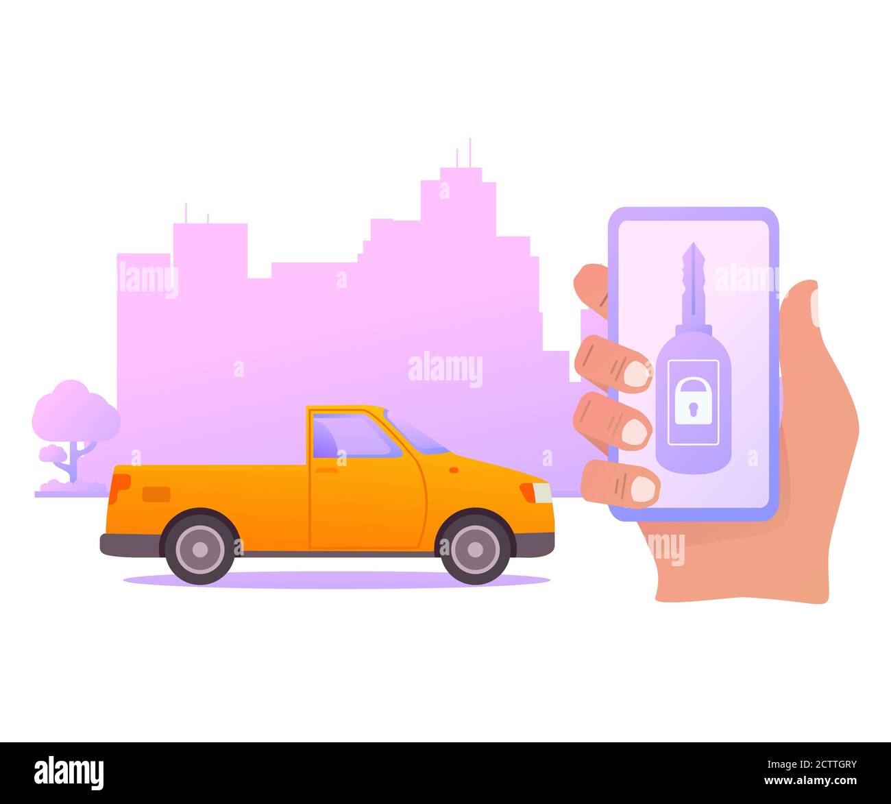 Smart car key security .The smartphone controls wireless auto. Stock Vector
