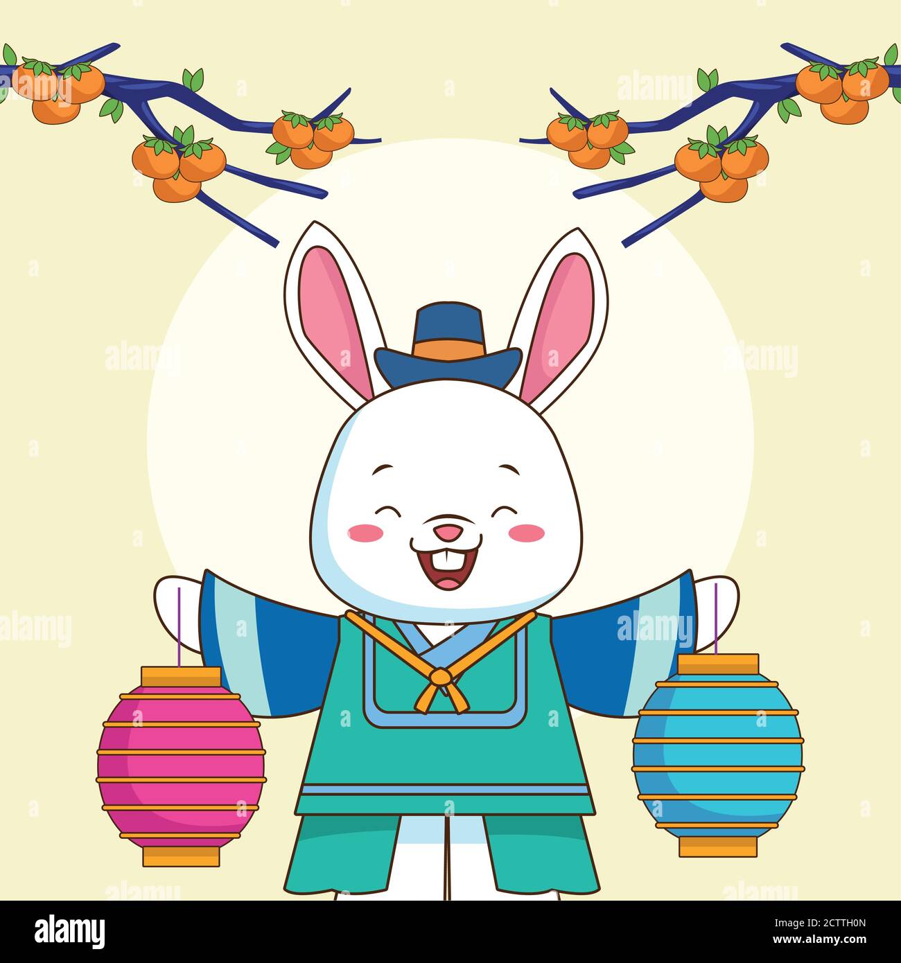 happy chuseok celebration with rabbit lifting lamps and oranges in tree ...