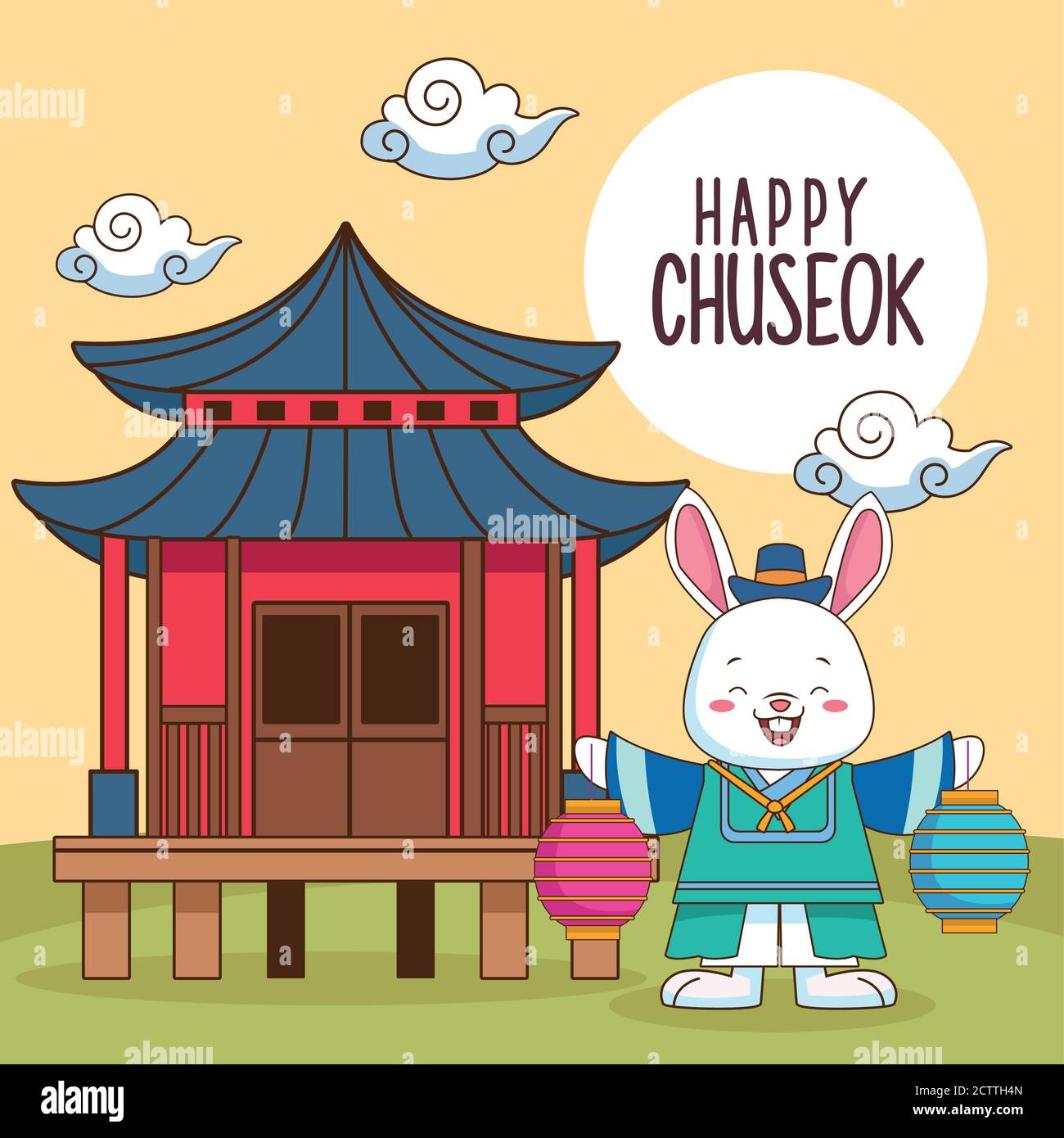 happy chuseok celebration with chinese building and rabbit vector ...