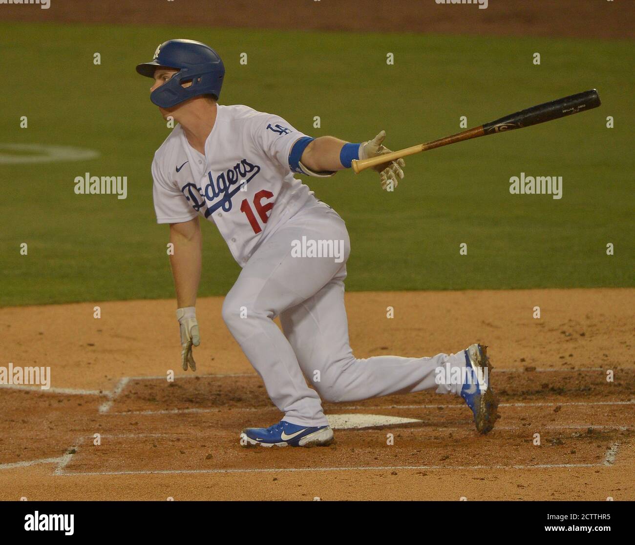 Los Angeles, United States. 24th Sep, 2020. Los Angeles Dodgers' Will Smith hits an RBI single in the first inning against the Oakland Athletics at Dodger Stadium in Los Angeles on Thursday, September 24, 2020. Photo by Jim Ruymen/UPI Credit: UPI/Alamy Live News Stock Photo
