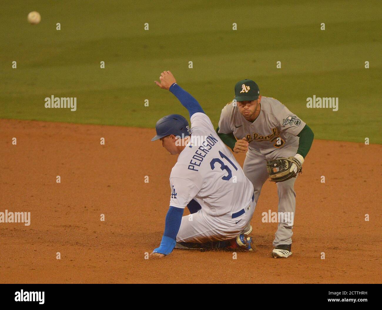 Los Angeles, United States. 24th Sep, 2020. Los Angeles Dodgers' Joc Pederson breaks up the double play by second baseman Tommy La Stella in the second inning at Dodger Stadium in Los Angeles on Thursday, September 24, 2020. Photo by Jim Ruymen/UPI Credit: UPI/Alamy Live News Stock Photo
