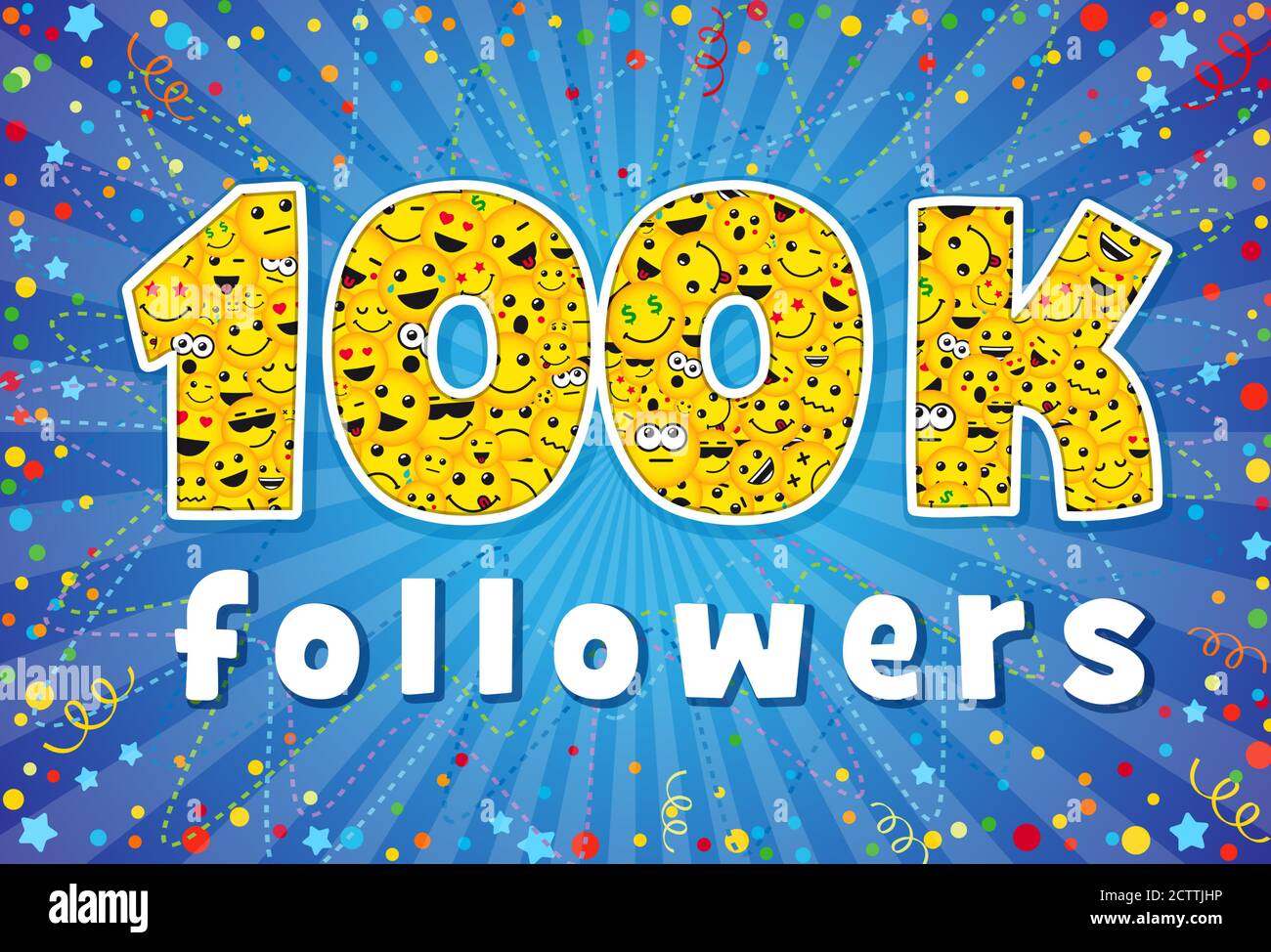 Thank you 100 000 followers creative concept. Bright festive thanks for 100.000 networking likes. 100k subscribes sign with people faces. Funny yellow Stock Vector
