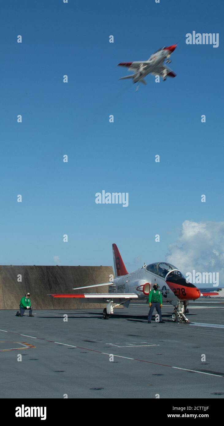 A T-45C Goshawk, attached to Training Air Wing 2, prepares to launch from USS Gerald R. Ford's (CVN 78) flight deck Sept. 11, 2020. Ford is underway in the Atlantic Ocean conducting carrier qualifications. (U.S. Navy photo by Mass Communication Specialist Seaman Apprentice Sarah Mead) Stock Photo