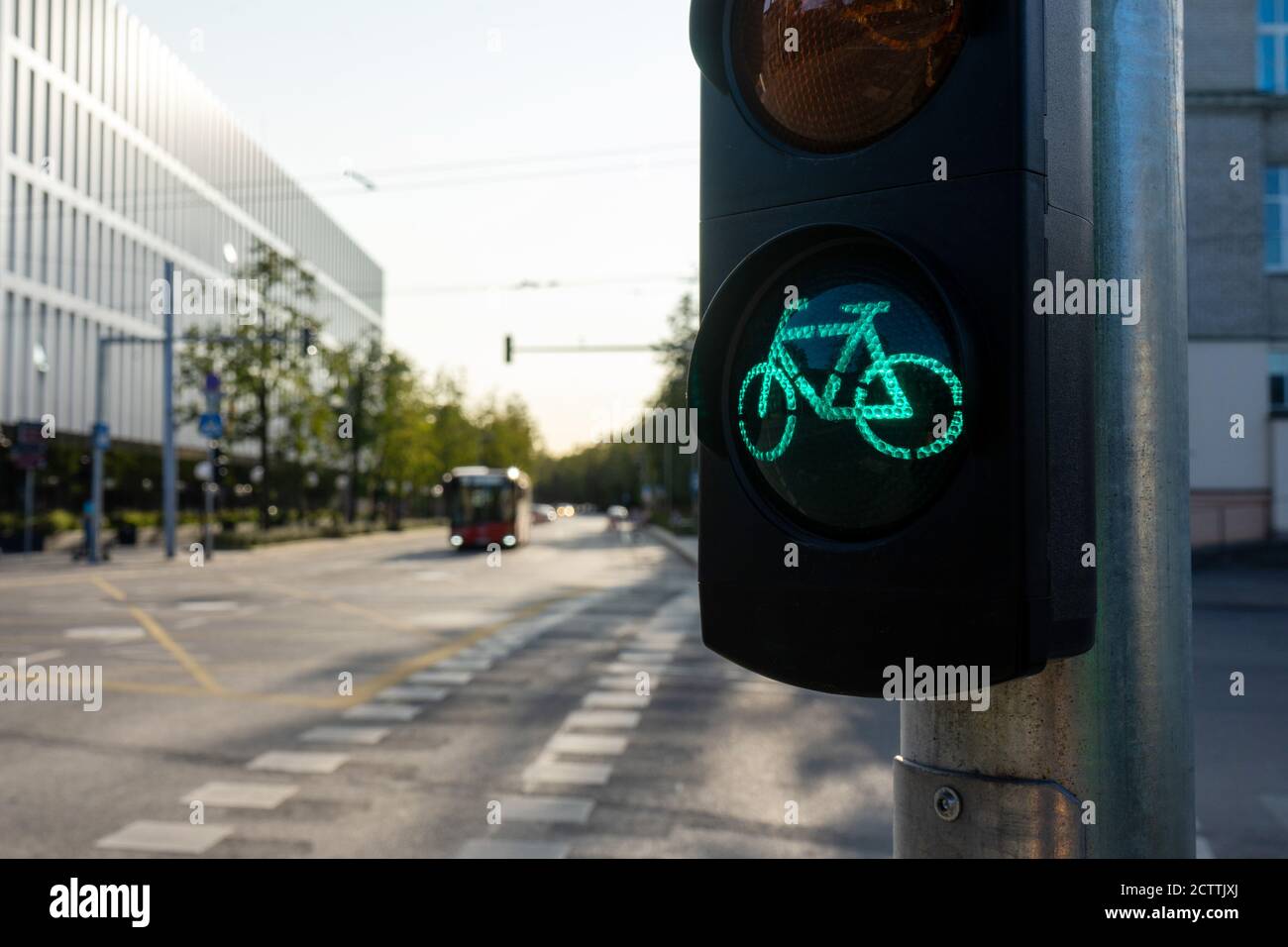 green light of bicycle traffic light on night city crossroad Stock