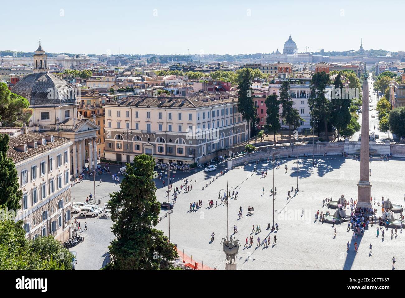 ROME, ITALY - 2014 AUGUST 18. Piazza del Popolo in central Rome seen from Pincio Hill. Stock Photo