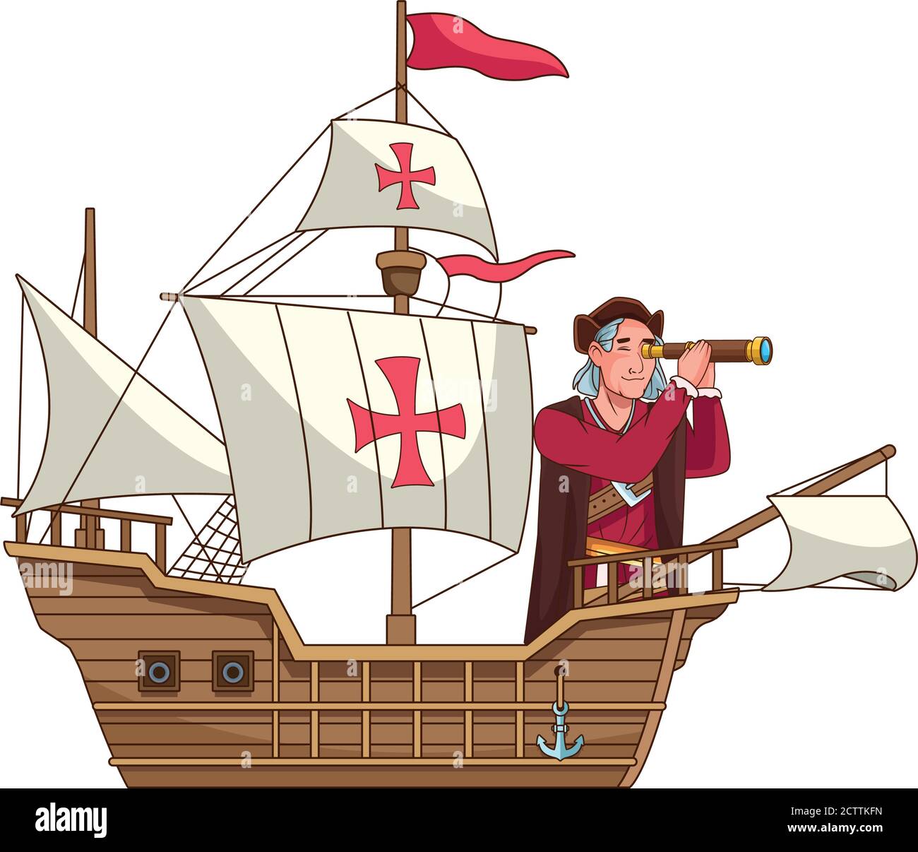 Christopher Columbus with telescope in caravela vector illustration design Stock Vector