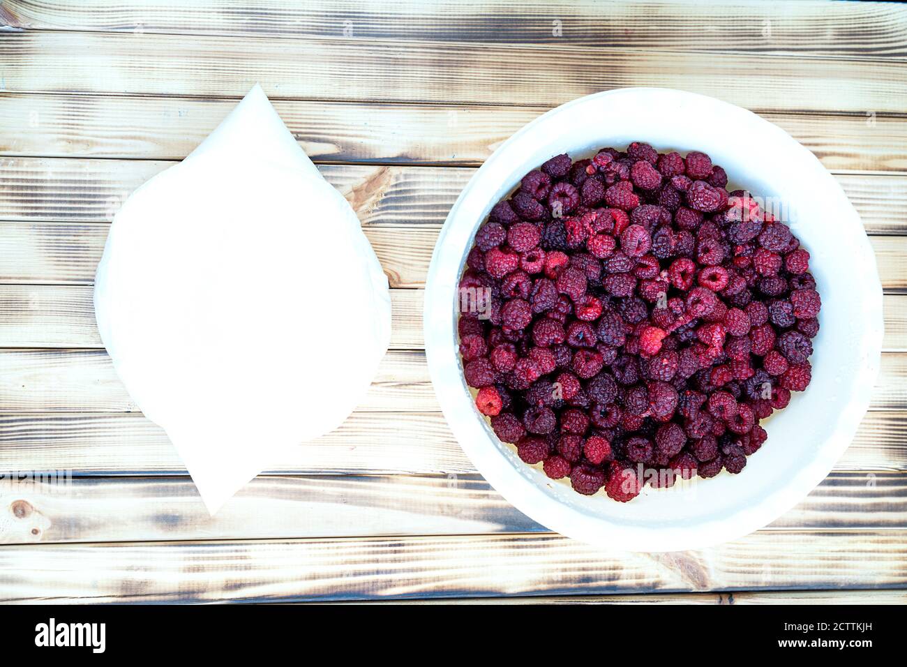 raspberries, a bag of sugar , step instructions how prepare Stock Photo