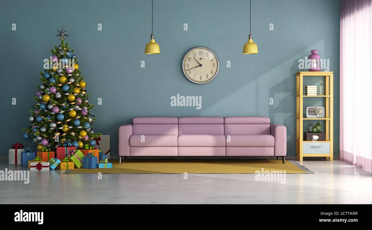 Vintage style living room with colorful Christma tree,gift and pink sofa - 3d rendering Stock Photo