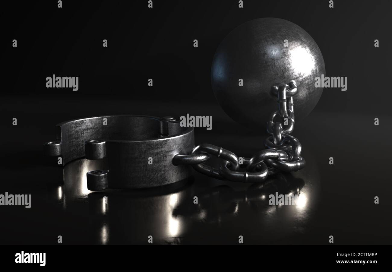 A heavy metal ball and chain with an opened shackle on an isolated dark background lit by a spotlight - 3D render Stock Photo