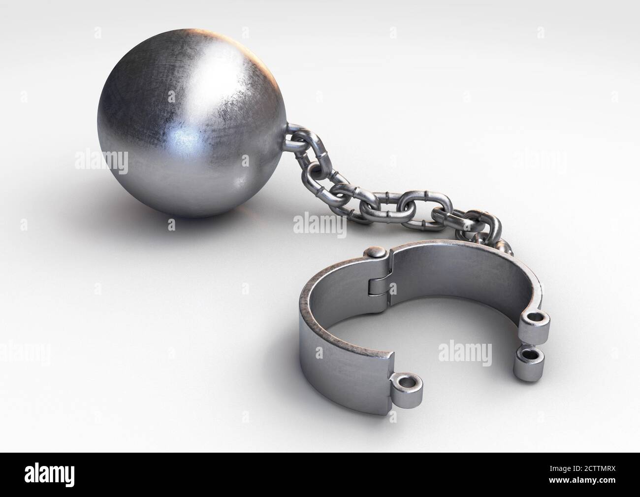 A heavy metal ball and chain with an opened shackle on an isolated