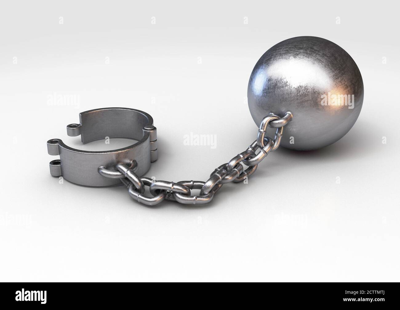 A heavy metal ball and chain with an opened shackle on an isolated studio background - 3D render Stock Photo