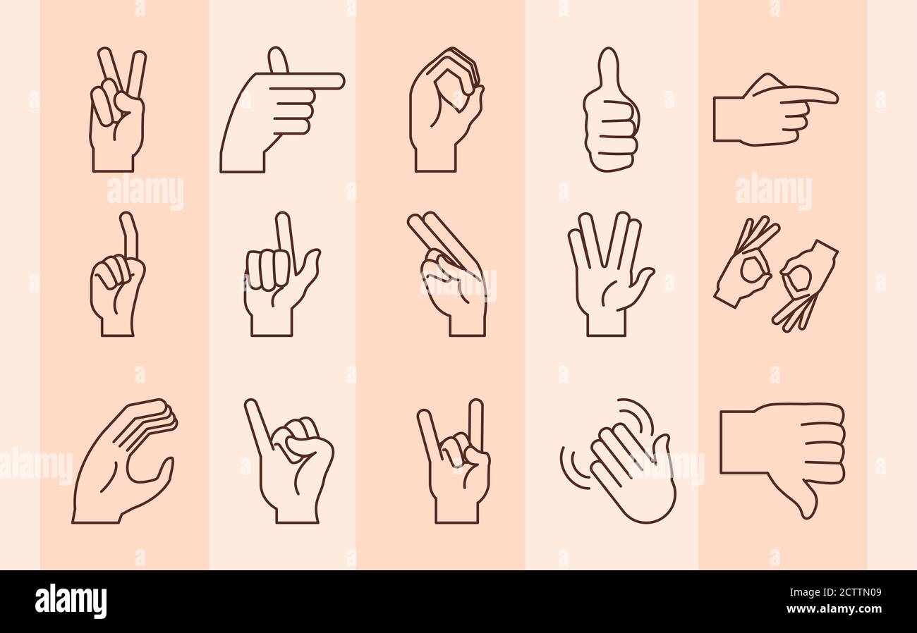 sign language hands doing alphabet line icons set vector illustration ...