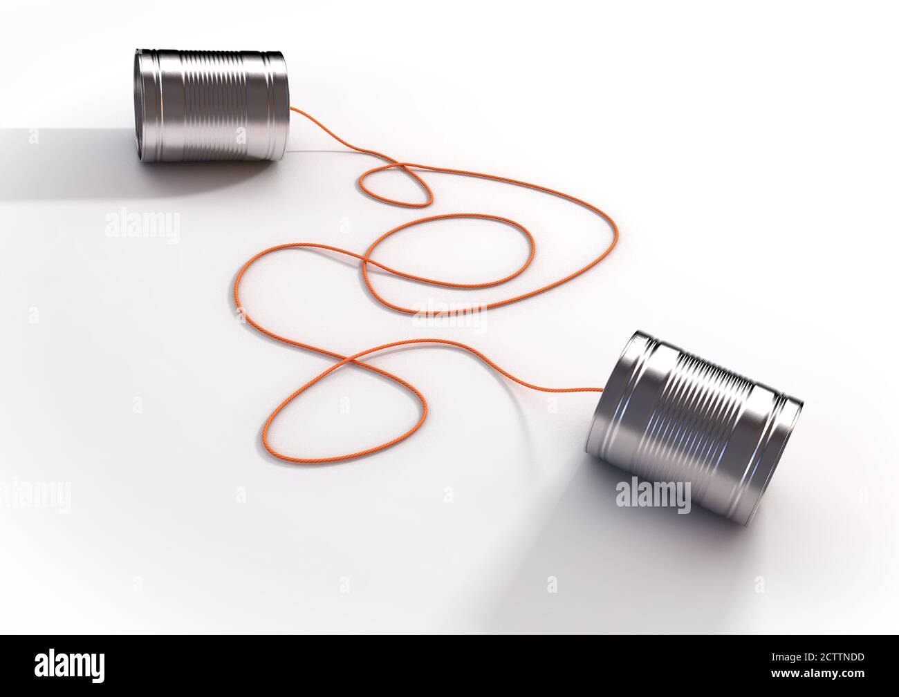 A pair of homemade toy telephones made from empty tin cans and connected wth a string on an isolated white background - 3D render Stock Photo