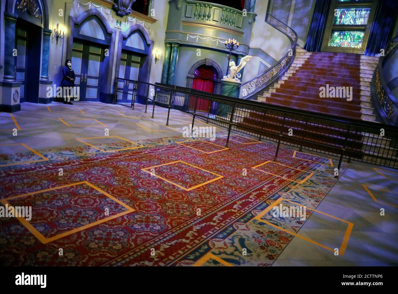 Markers Used For Social Distancing Between Visitors Are Seen Inside Beauty And The Beast Castle In