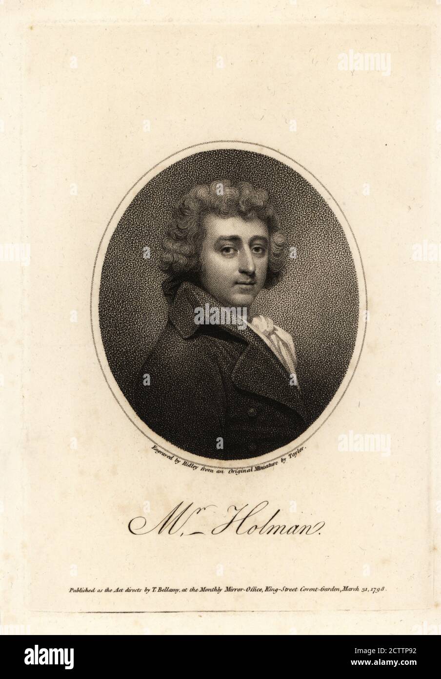 Oval portrait of Joseph George Holman (1764–1817), English actor, dramatist and actor-manager.. Copperplate engraving by William Ridley after a miniature by Taylor (Charles Foot Tayler) from the Monthly Mirror, published by T. Bellamy, King Street, Covent Garden, London, 1798. Stock Photo