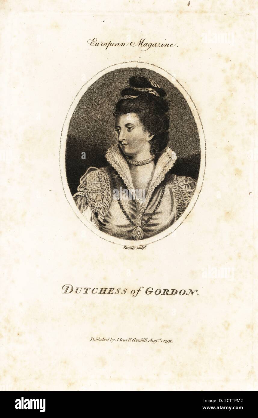 Lady Jane Maxwell (1749-1812), Scottish aristocrat. She married Alexander, Duke of Gordon, in 1767 and bore him two sons and five daughters. Political hostess and founder of the Gordon Highlanders. Dutchess of Gordon. Portrait copperplate engraving by Stanier, published in the European Magazine, J. Sewell, Cornhill, 1791. Stock Photo