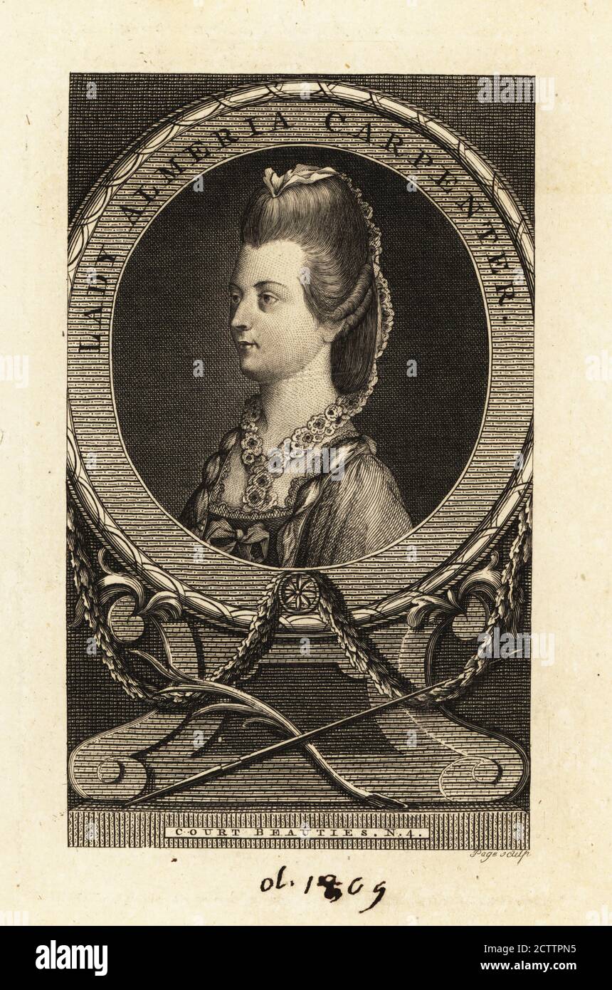 Lady Almeria Carpenter (1752-1809), Irish aristocrat. Daughter of George Carpenter, 1st Earl of Tyrconnell, and his wife Frances Clifton. For many years, Almeria was mistress to Prince William Henry, Duke of Gloucester and Edinburgh. Oval portrait copperplate engraving by Page from the series of Court Beauties in the London Magazine, R. Baldwin, London, 1791. Stock Photo