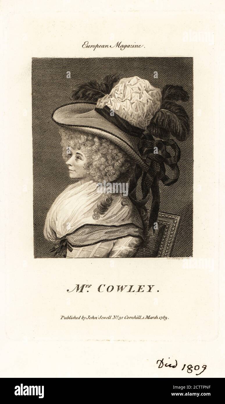 Mrs. Hannah Cowley (1743-1809), 18th century English dramatist and poetess, author of The Runaway, Who's the Dupe?, Albina and The Belle's Stratagem. Portrait of the writer in large bonnet with ribbons and feathers, big hair with ringlets, fichu over dress tied with ribbon. Copperplate engraving after a painting by Thomas Holloway from the European Magazine, John Sewell, Cornhill, 1789. Stock Photo