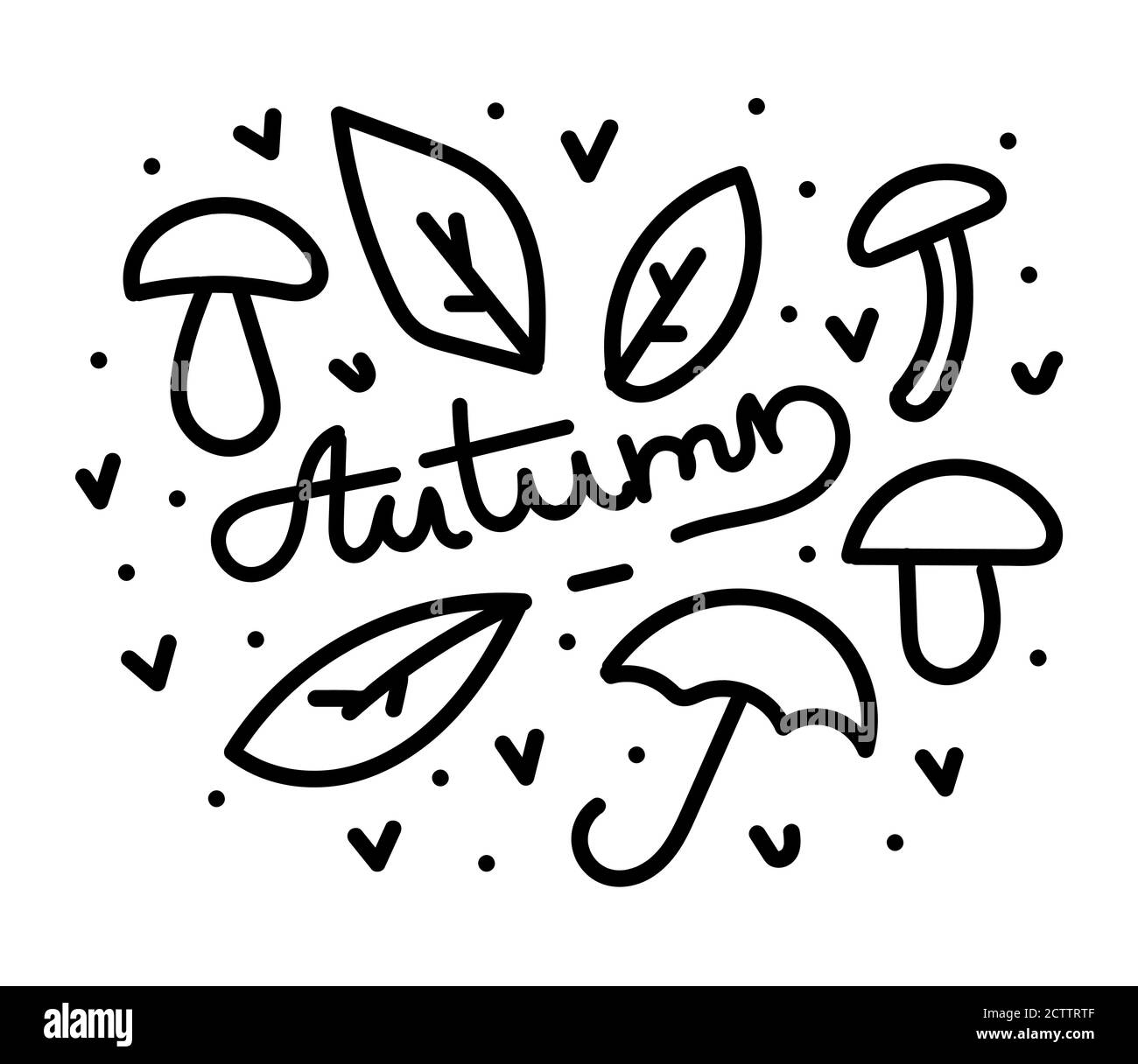 Hand drawn autumn doodle. Hand written lettering Autumn and some fallen leaves and mushrooms are around. Thick black stroke. Vectot illustration Stock Vector