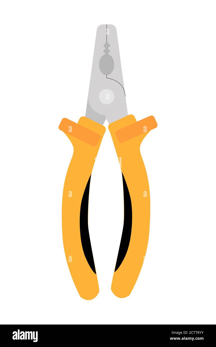 Colored Conventional pliers tool icon. Yellow colored handle, thick metallic tip or sponge pliers. Flat illustration of pliers tool vector icon for Stock Vector