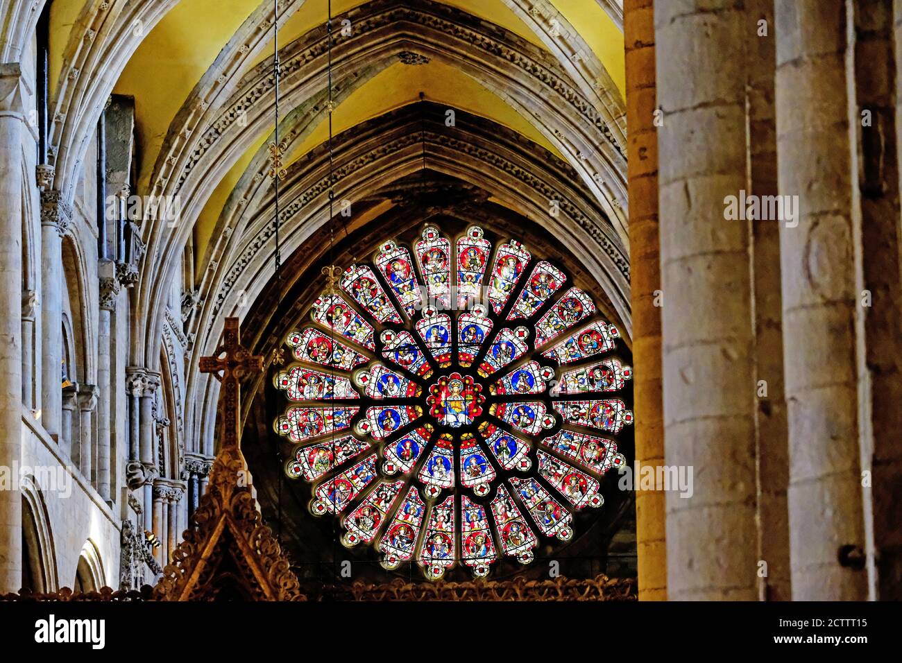 Durham cathedral Great Rose window illuminated by the sun Stock Photo