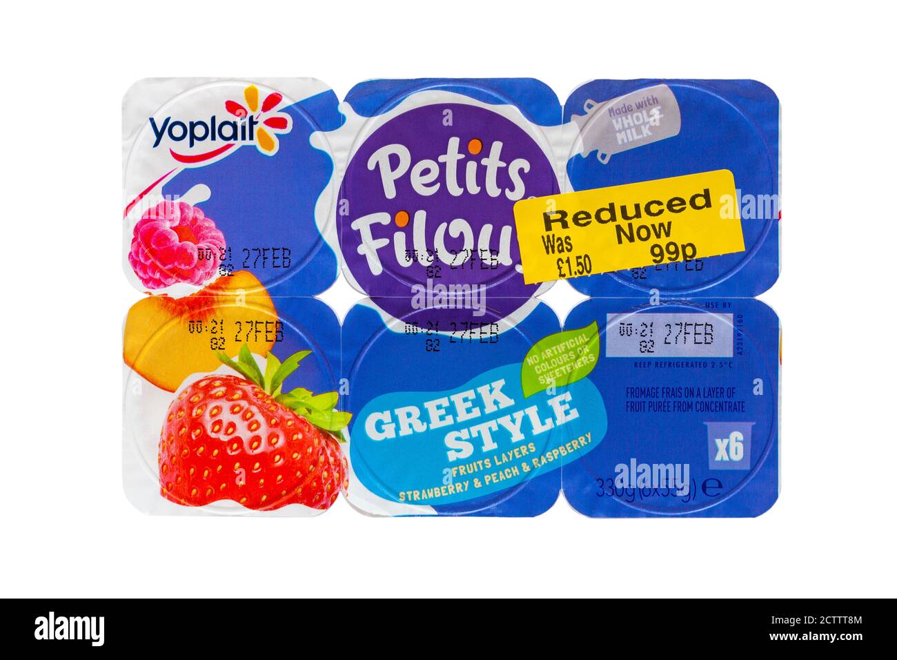 Yellow reduced sticker on multipack of Yoplait Petits Filous yogurts Greek style fruits layers strawberry & peach & raspberry - was £1.50 now 99p Stock Photo