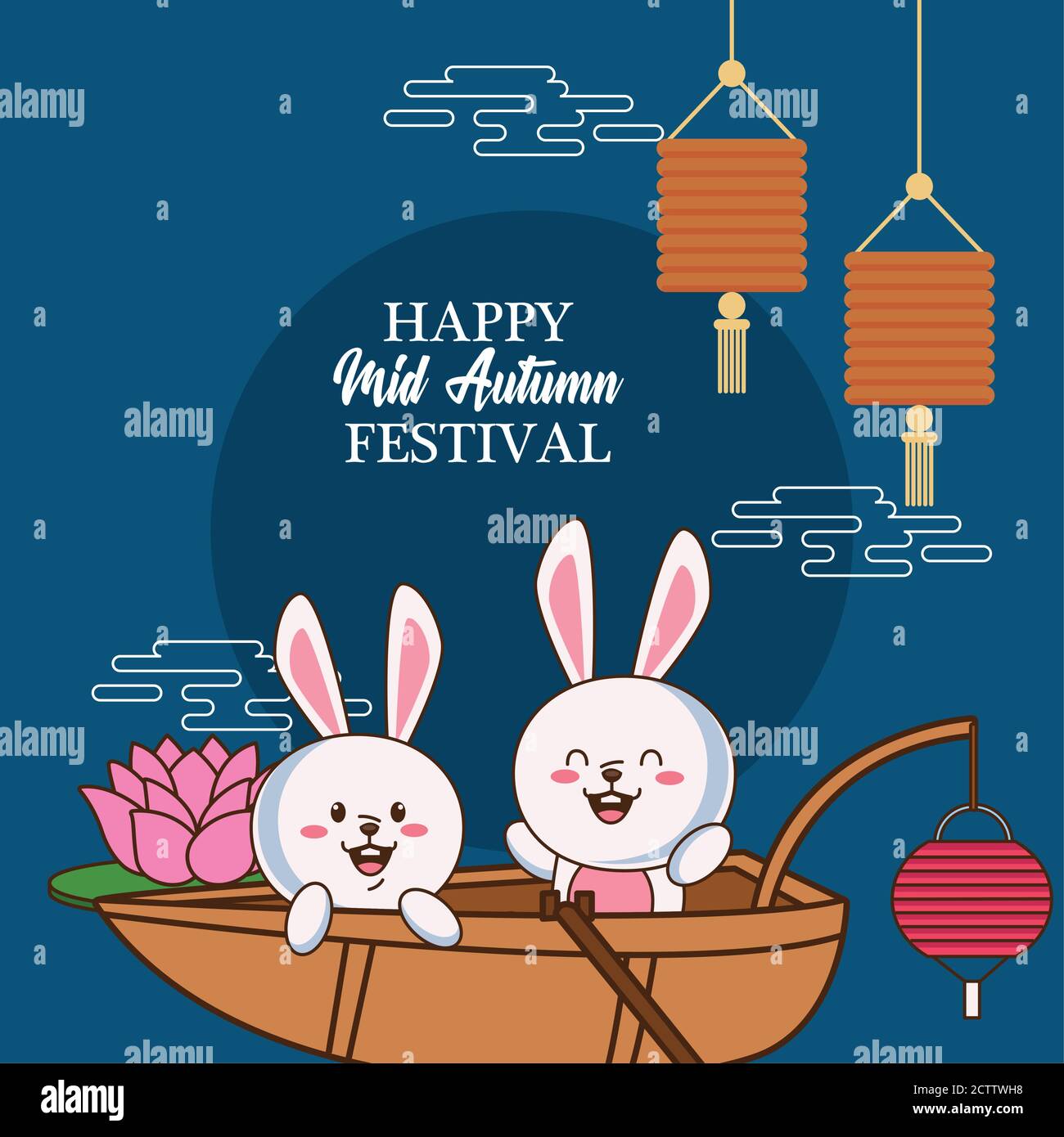 mid autumn celebration card with rabbits couple in boat vector ...