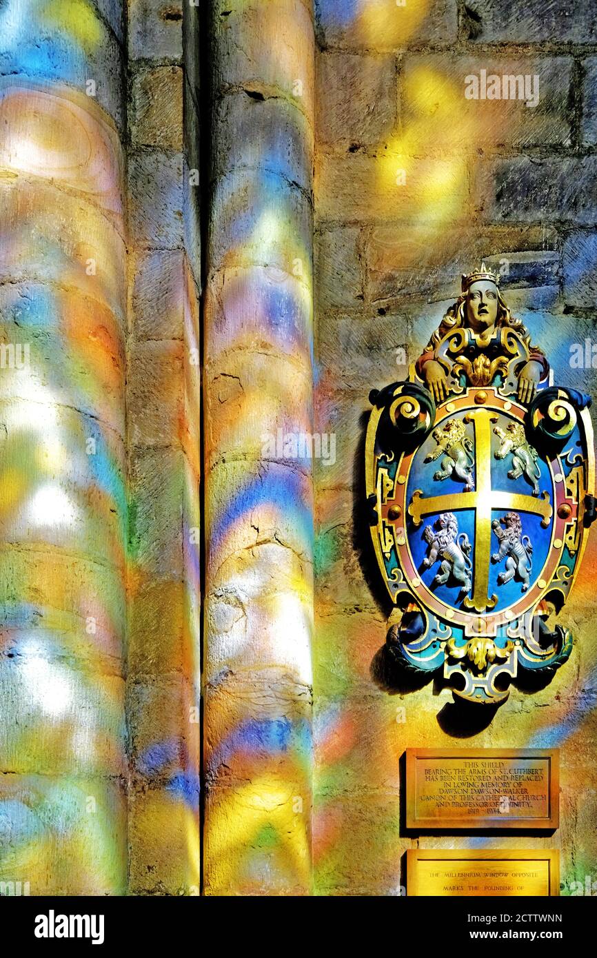 Durham cathedral the shield and coat of arms of St Cuthbert illuminated