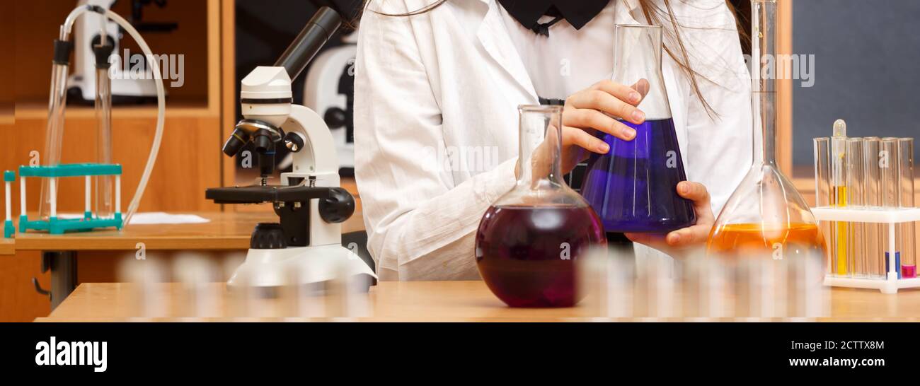 Laboratory research in a chemical laboratory. Scientific experiment Stock Photo