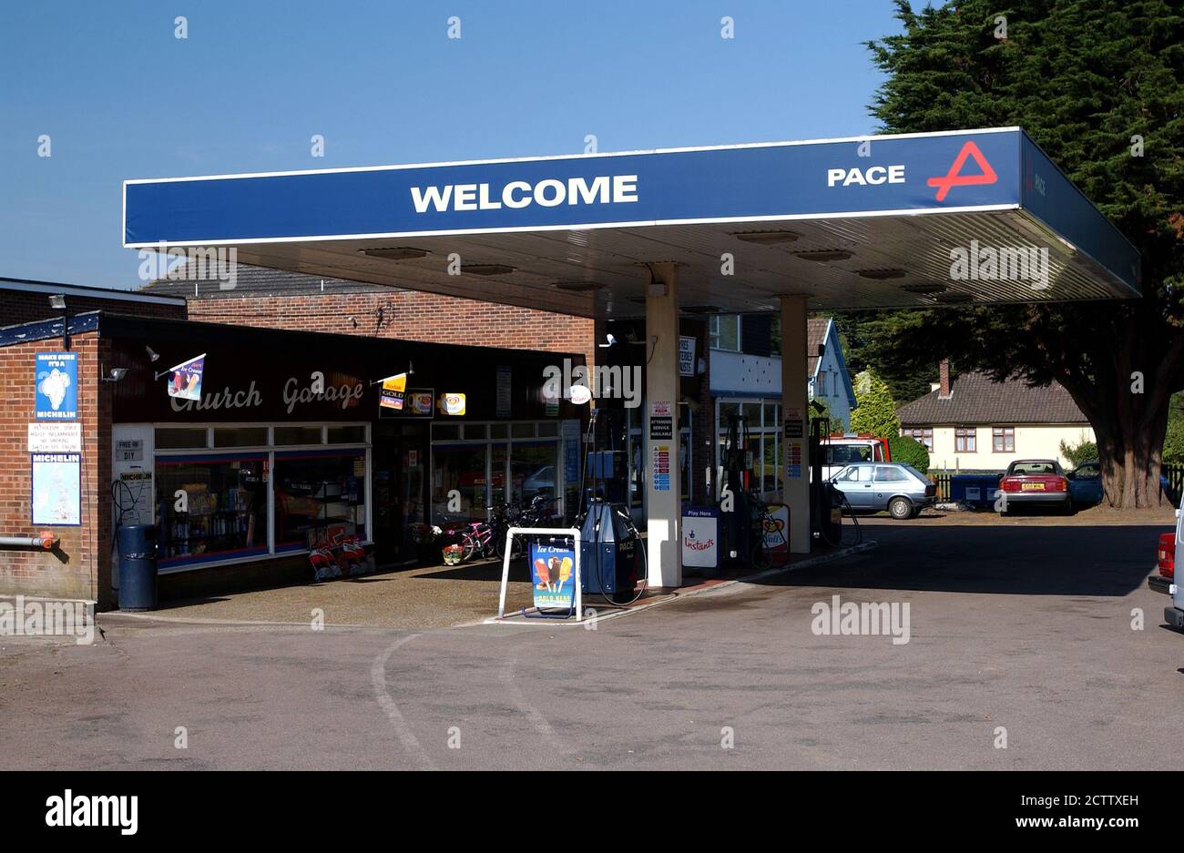 An old fashioned traditional petrol station in rural England Stock Photo