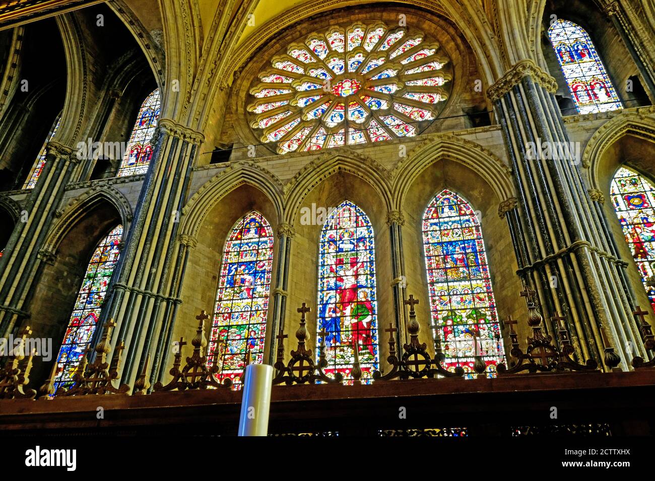 Durham cathedral Great Rose window illuminated by the sun Stock Photo
