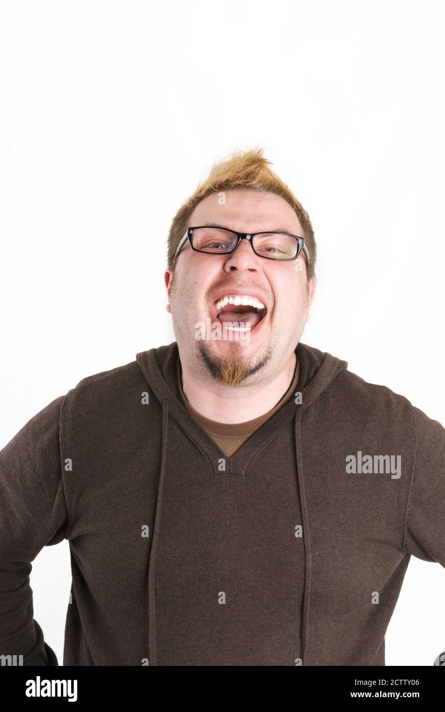 Laughing Man with Glasses and Brown Sweatshirt Stock Photo