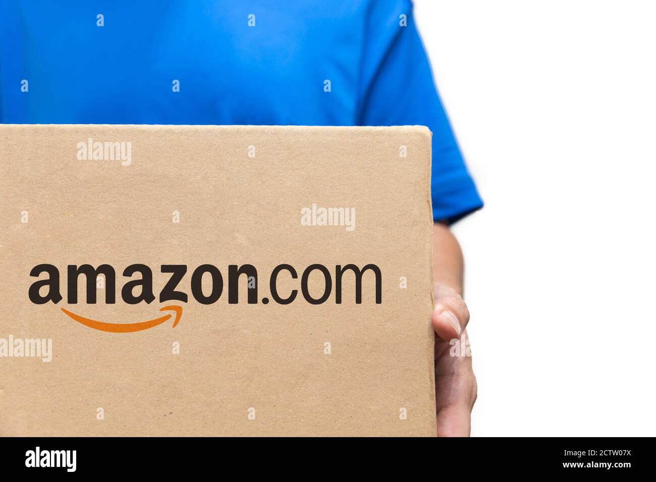 Amazon shipping box with brand logo on it Amazon.com is one of the most popular online store at US.27 March 2020.THAILAND. Stock Photo