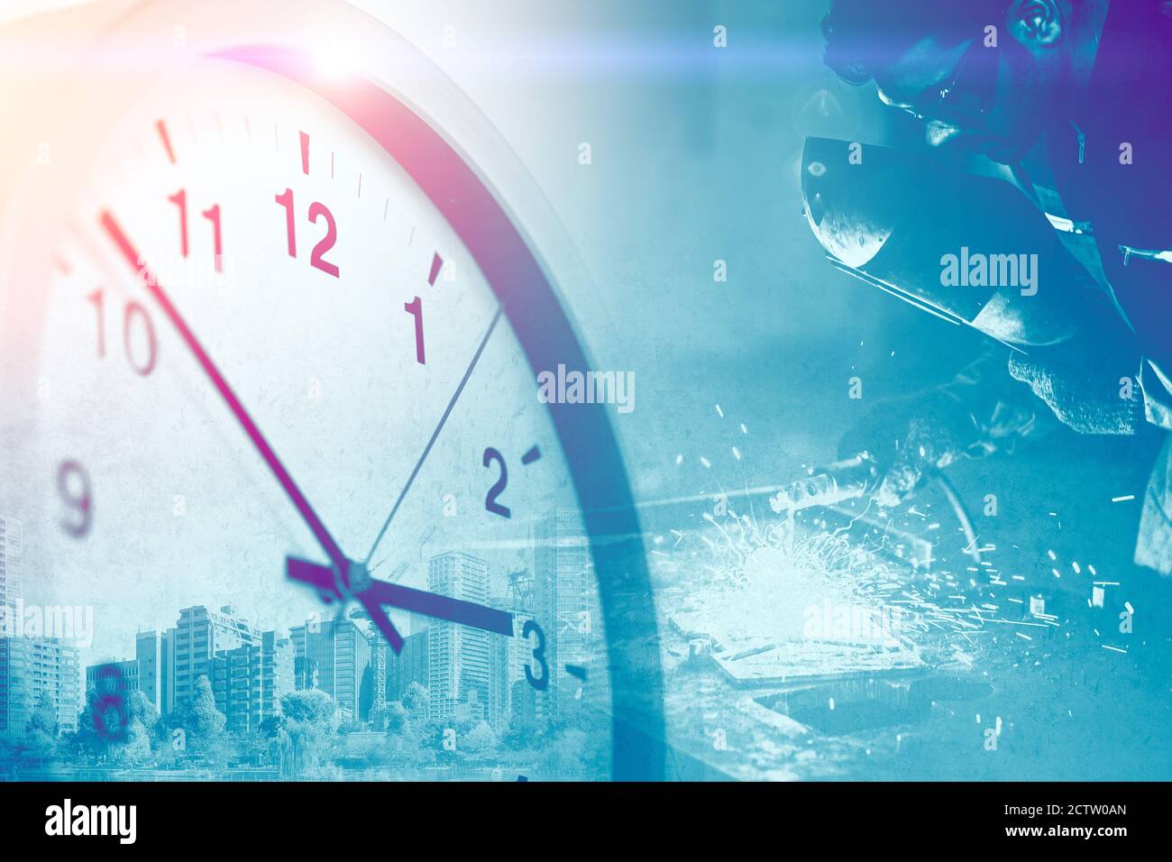 Industry worker overlay with Times clock for business working hours in