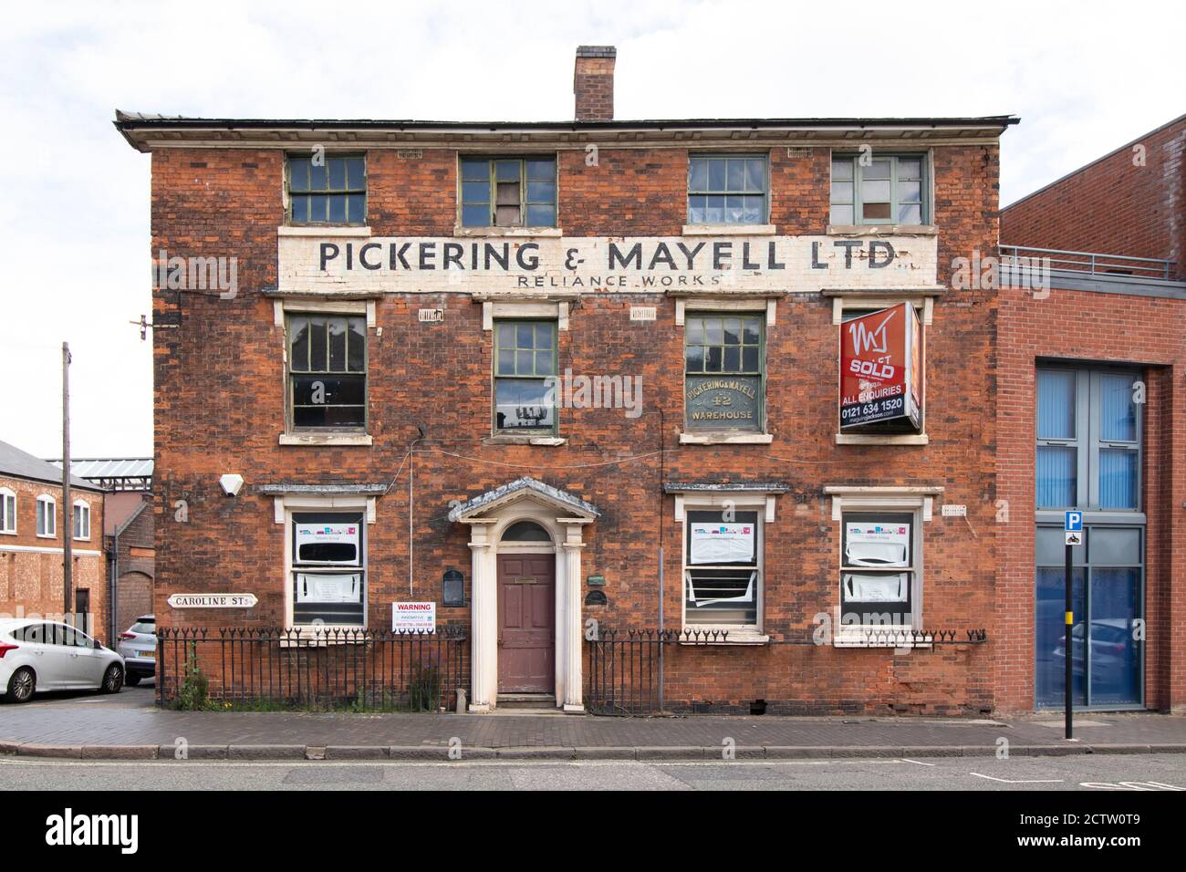 Pickering & Mayell Ltd, situated on the corner of Kenyon Street and Caroline Street in Birmingham Jewellery Quarter. Pickering & Mayell was a jewellery-case-making works specialising in silver. Some of the early occupants were noted silversmiths, George Unite and Nathaniel Mills Stock Photo