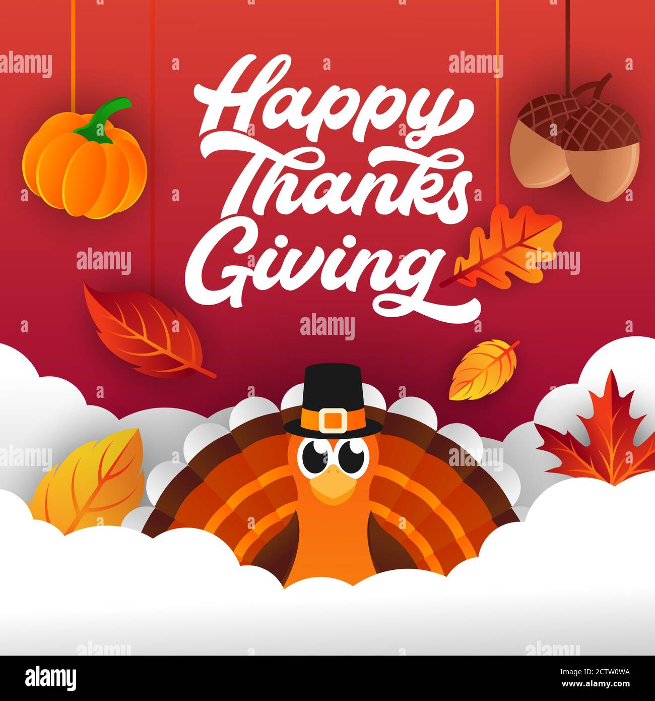 Happy Thanksgiving day background vector with decorative leaves, pumpkins, and acorns. Happy Thanksgiving holiday vector background design template fo Stock Vector