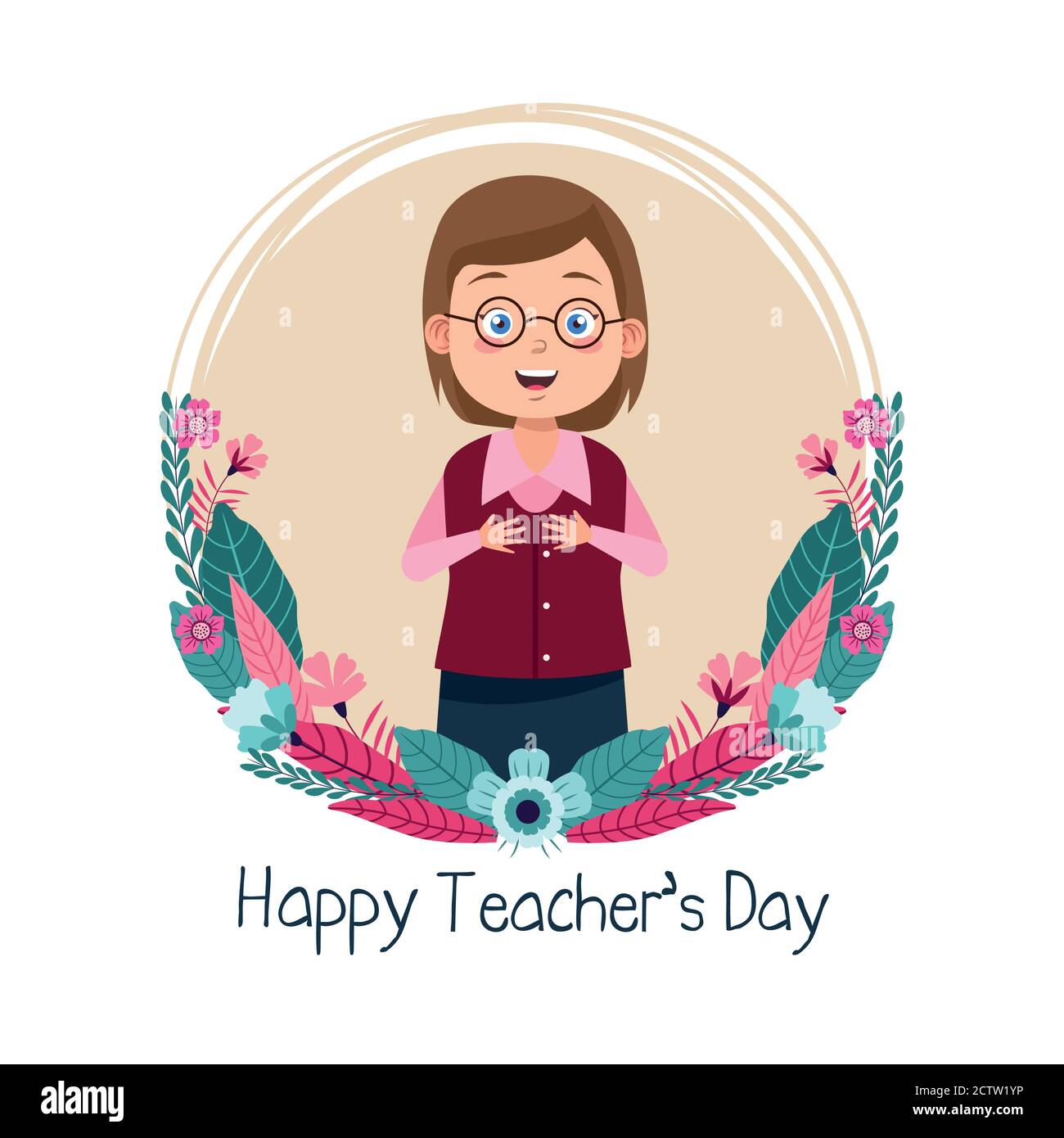 teacher woman wearing eyeglasses with teachers day lettering circular