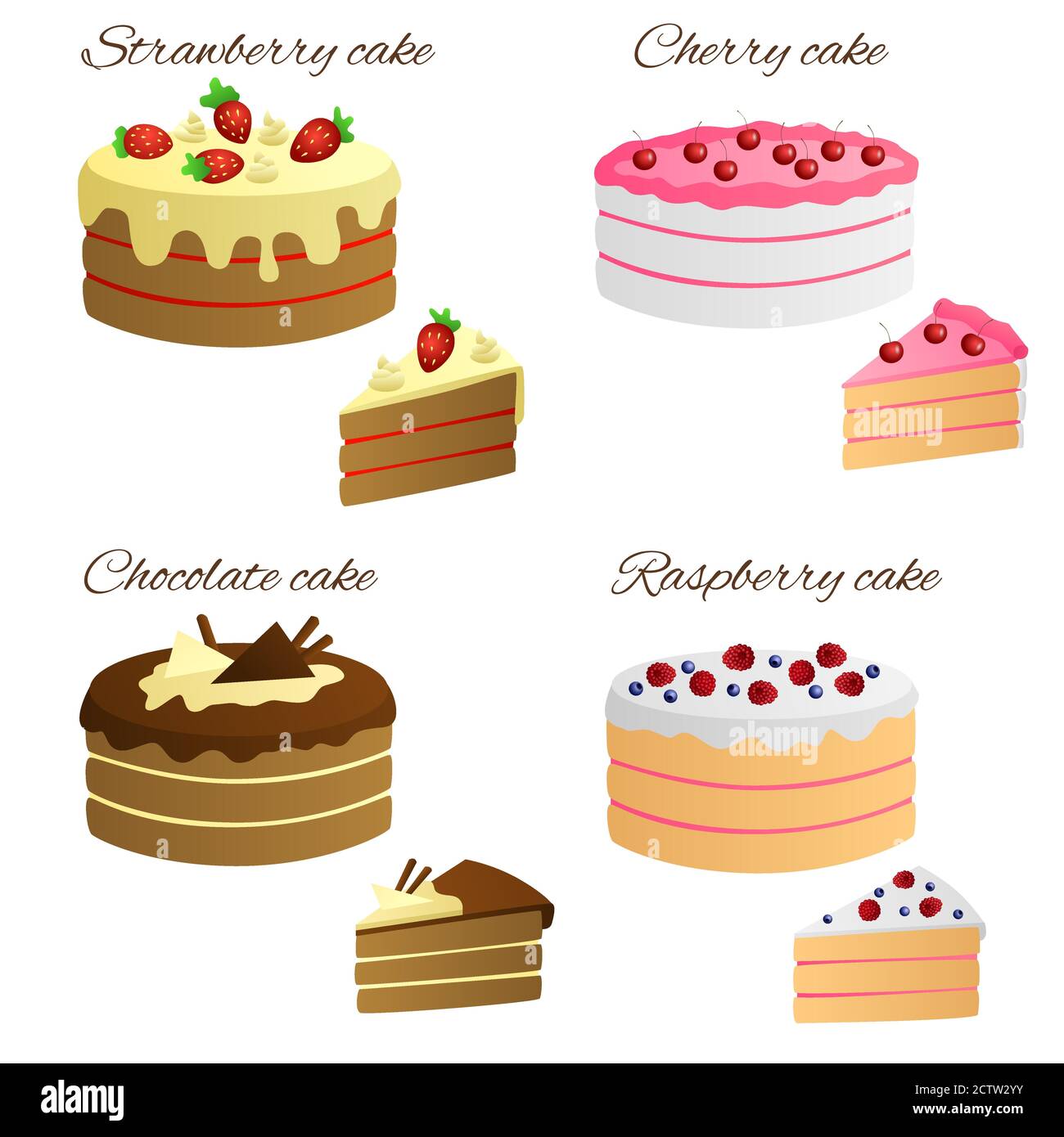 Cake raspberry strawberry chocolate cherry sweet food set illustration vector Stock Vector