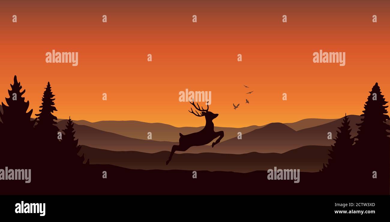 jumping deer in the forest on mountain landscape in orange colors vector illustration EPS10 Stock Vector