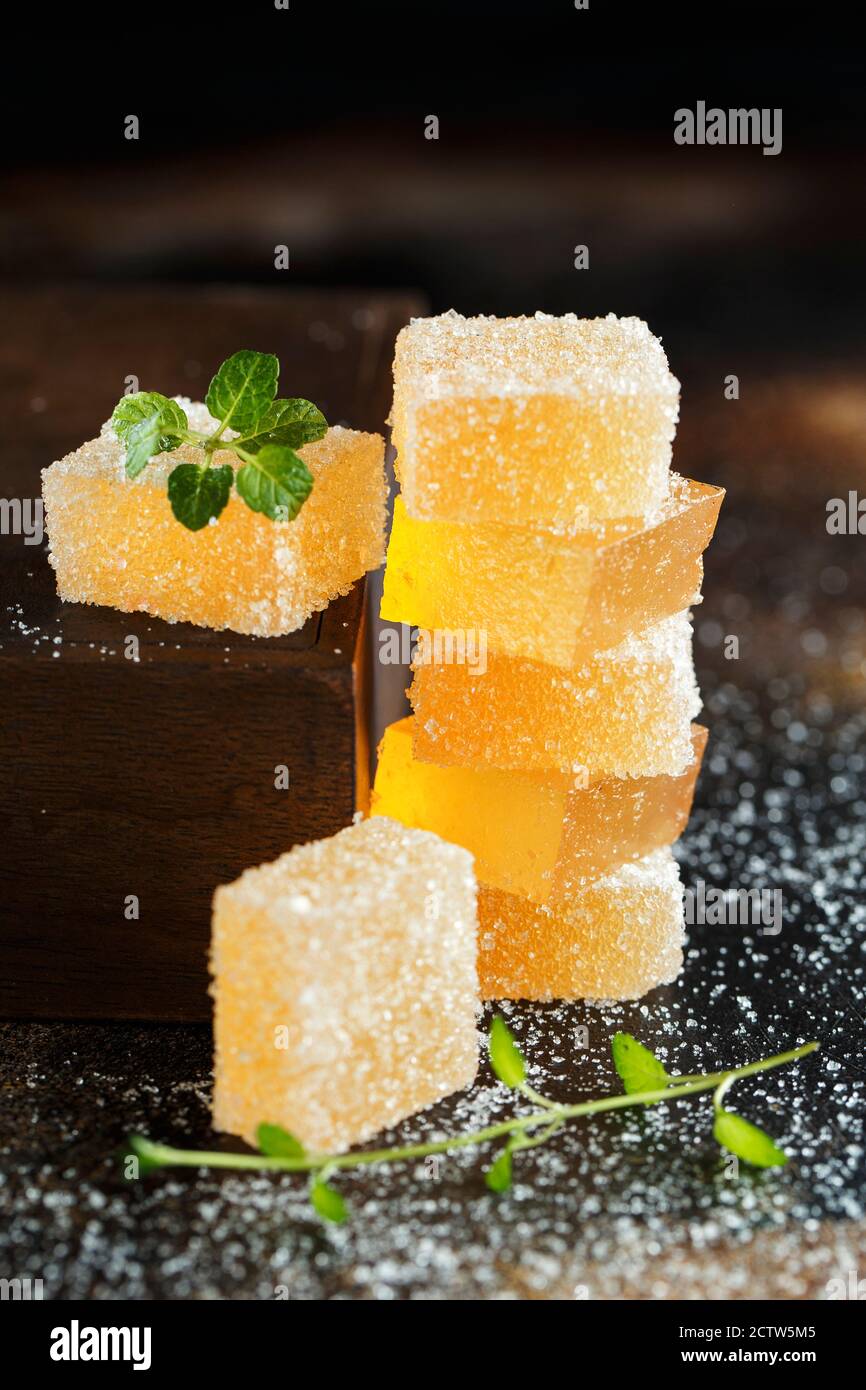 Fruit Jelly Candies Homemade Orange Pear Or Apricot Candies In Sugar On Dark Background Fruit Chewy Candy Jelly Bean Assortment Of Colorful Fruit Stock Photo Alamy