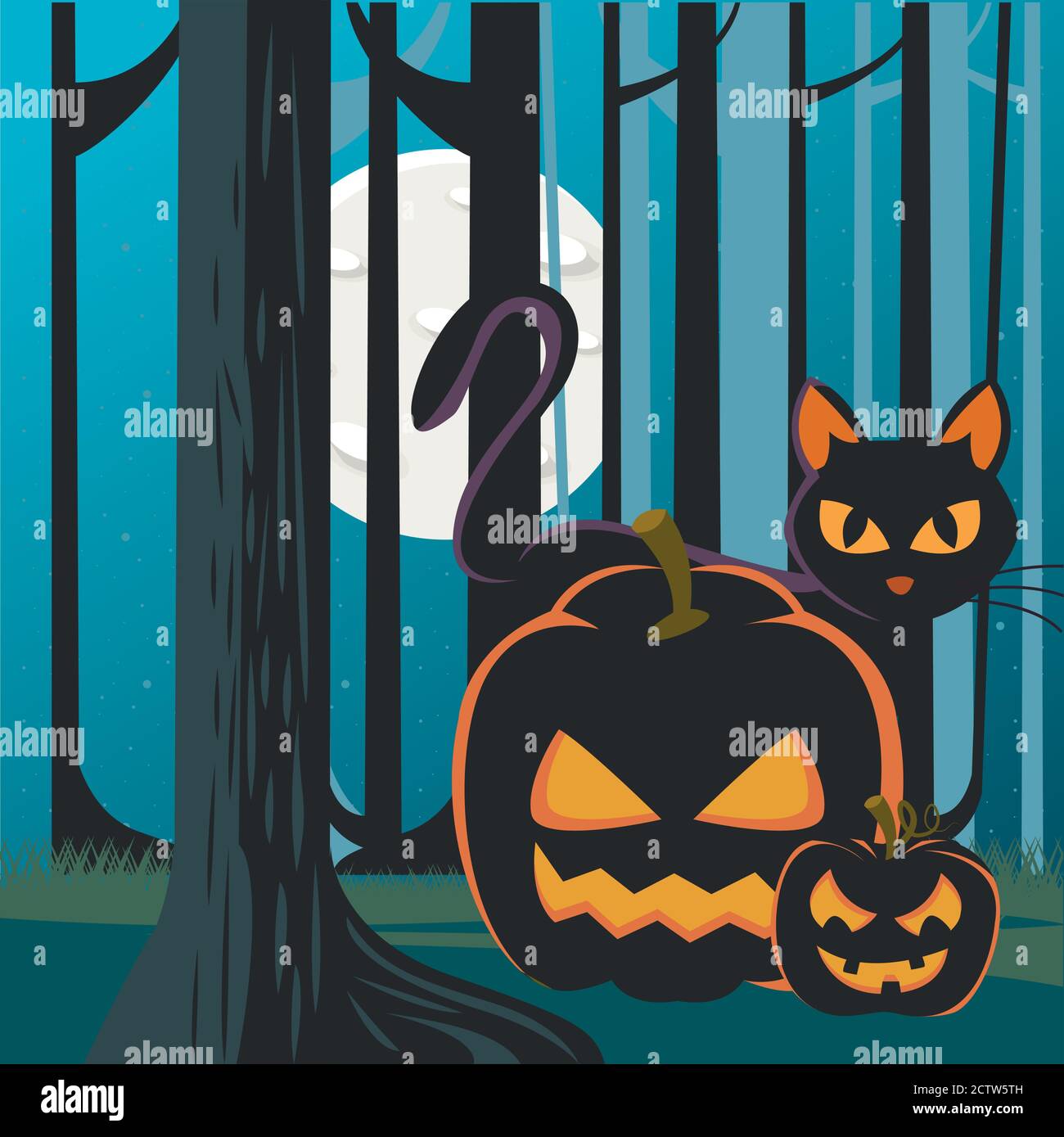 halloween pumpkins with black cat in forest at night scene vector ...