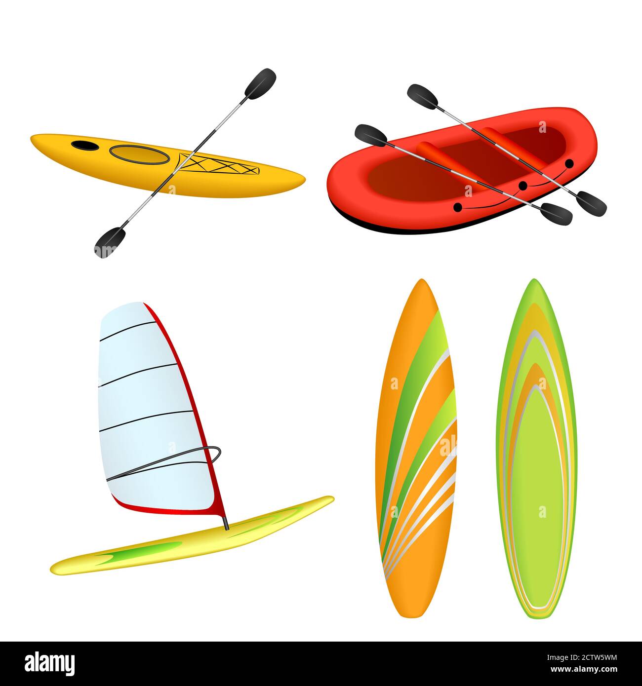 Sport Boat Red Rafting Yellow Kayak Orange Green Surfboard Windsurfing Isolated Illustration