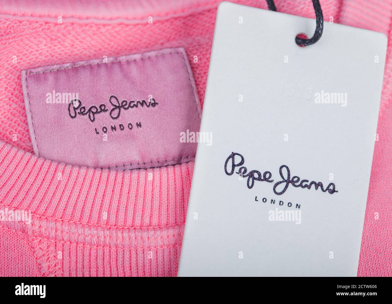LONDON, UK - SEPTEMBER 09, 2020: Pepe Jeans label and clothing tag on pink  swaetshirt Stock Photo - Alamy