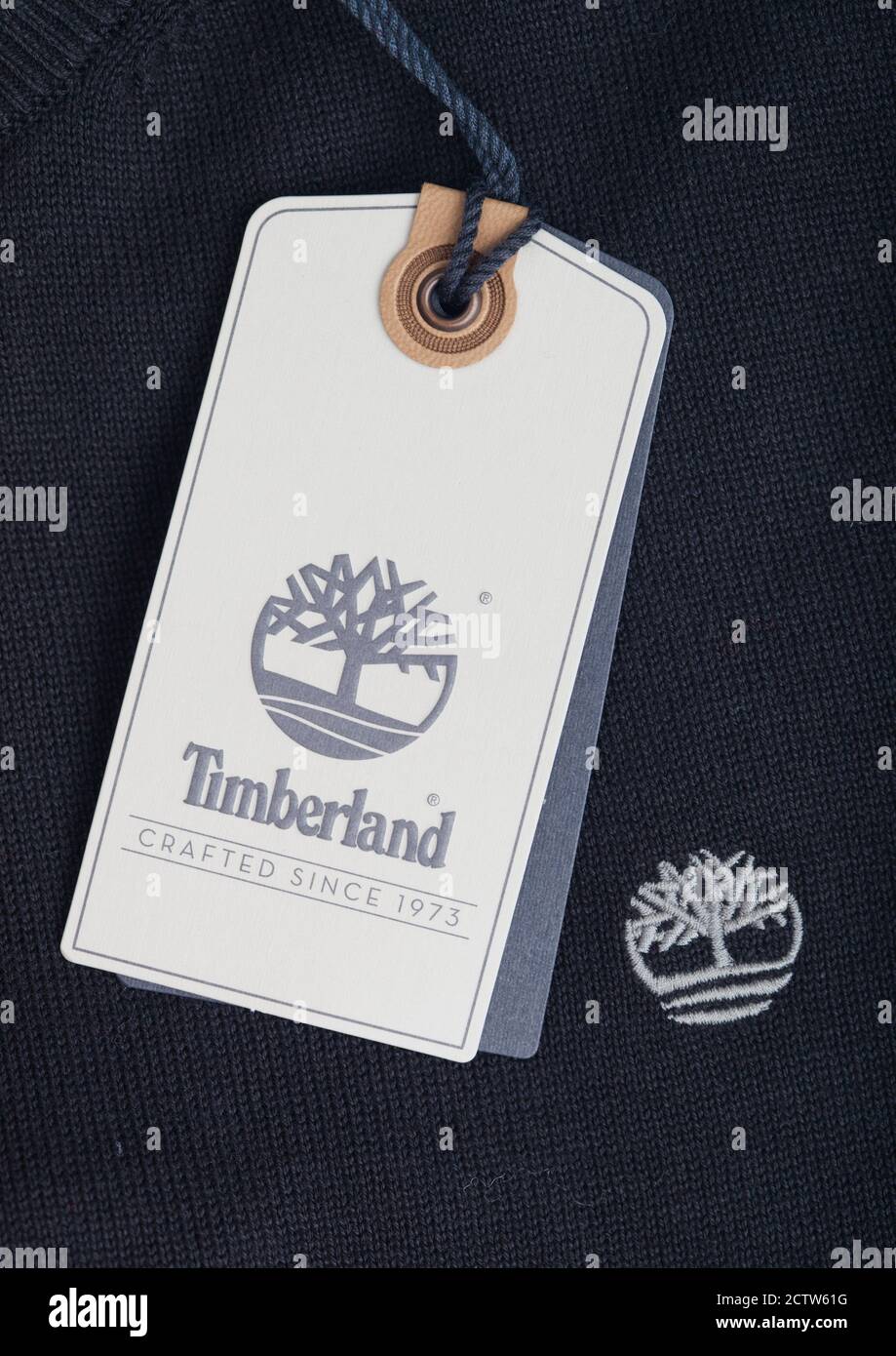 LONDON, UK - SEPTEMBER 09, 2020:Timberland logo and clothing tag on black  cotton fabric Stock Photo - Alamy
