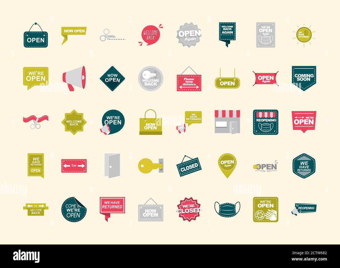 were open, collection different announce sign boards, flat icons vector ...