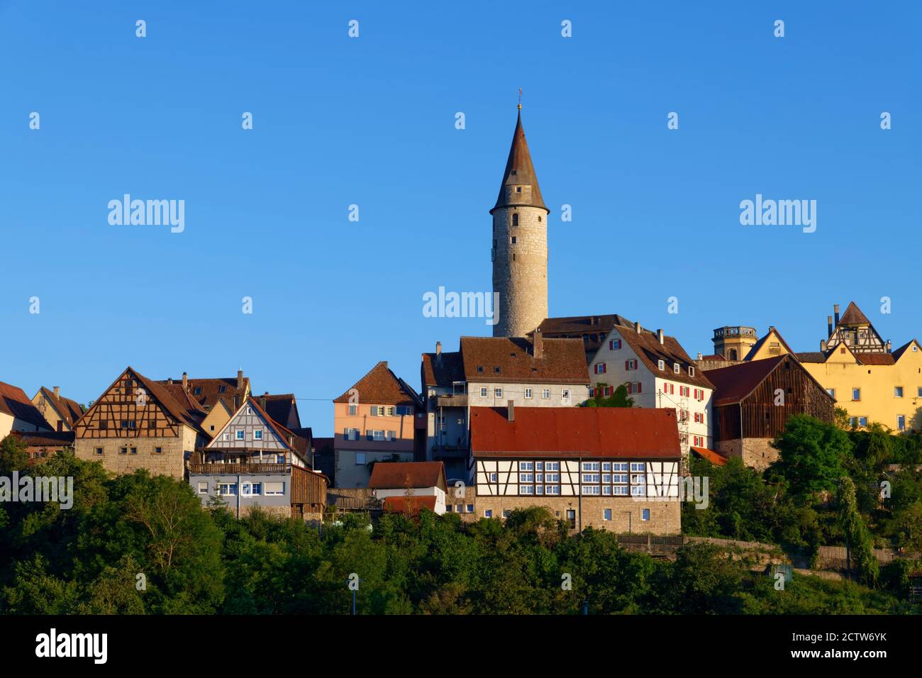 Kirchberg an der Jagst: old tow with town tower, Hohenlohe, Schwäbisch Hall District, Baden-Wuerttemberg, Germany Stock Photo