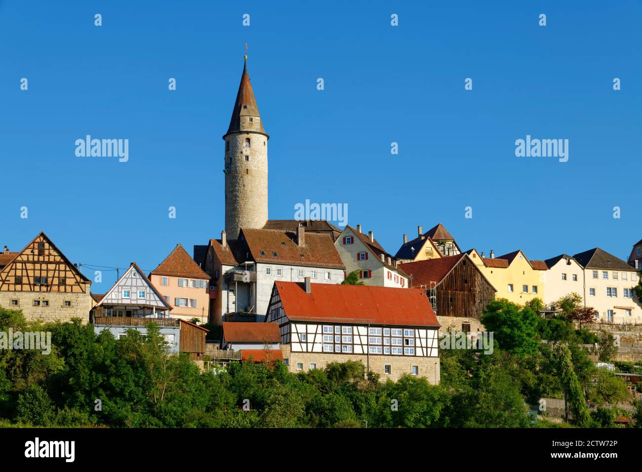Kirchberg an der Jagst: old tow with town tower, Hohenlohe, Schwäbisch Hall District, Baden-Wuerttemberg, Germany Stock Photo