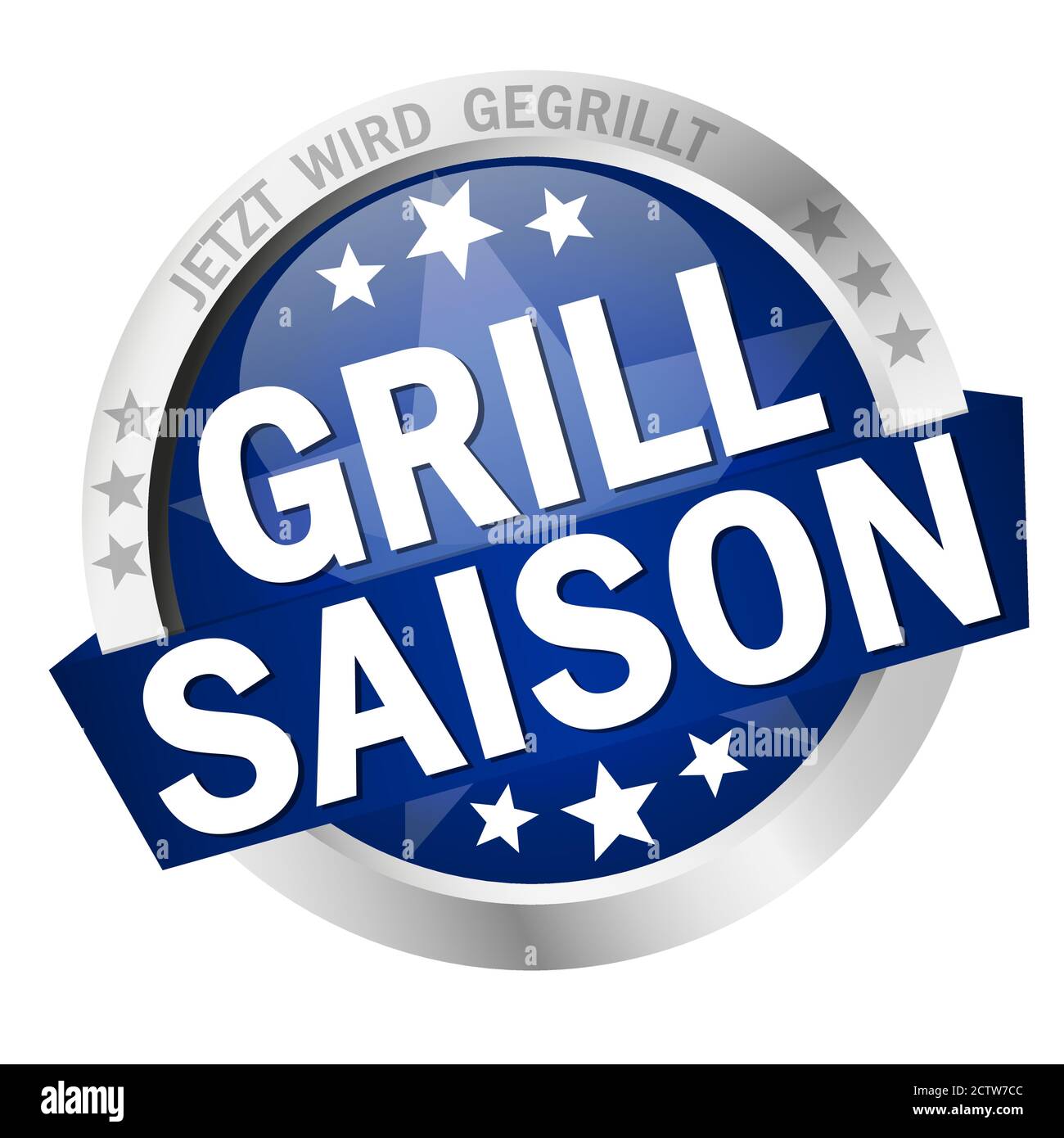 round colored button with banner and text Grillsaison Stock Vector