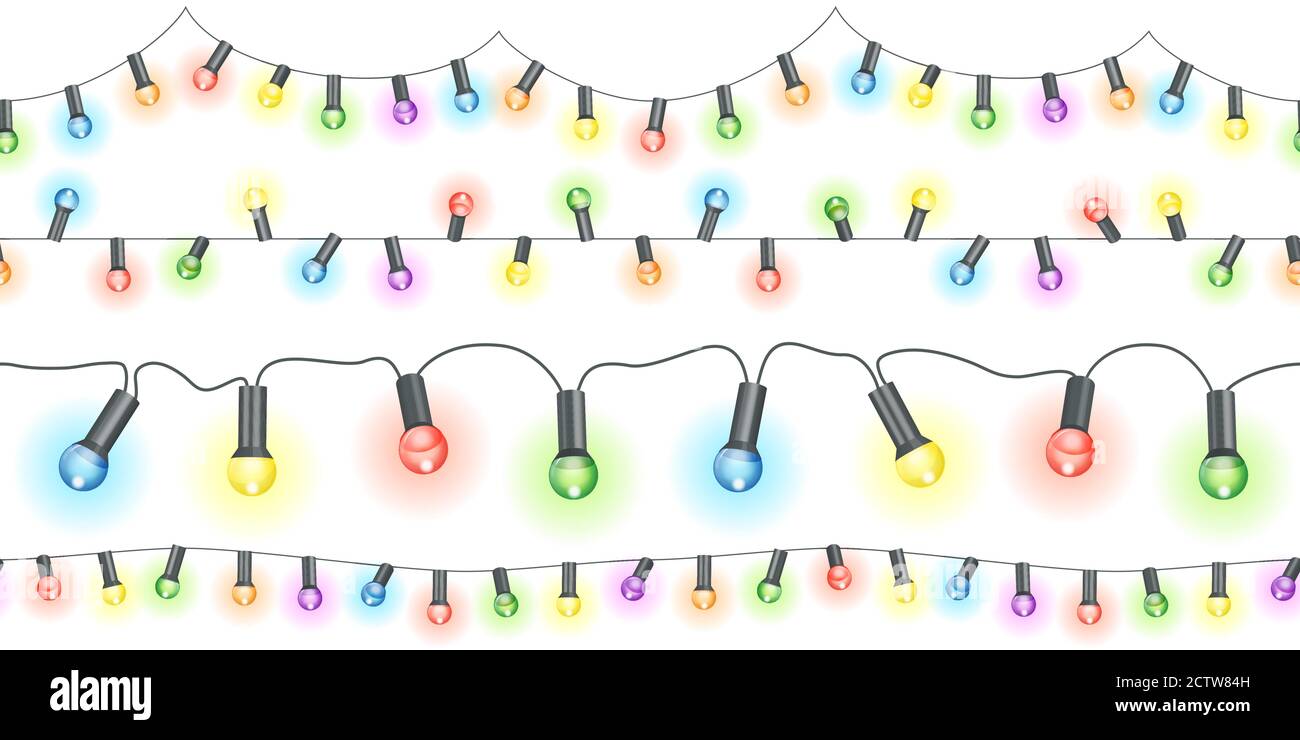 seamless light strings with burning bulbs in different colors Stock Vector